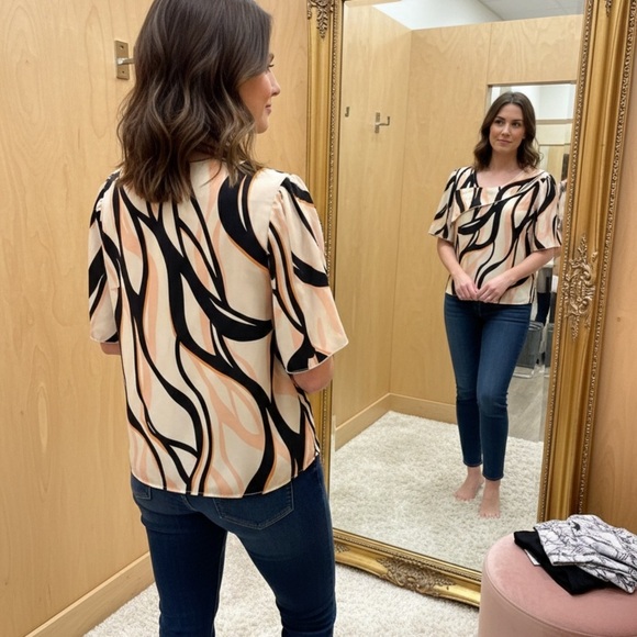 None Tops - ⭐ Abstract Print Blouse 2XL Neutral Black Tan Short Sleeve Top